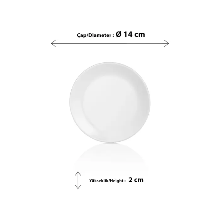 14 cm çapında ve 2 cm yüksekliğinde küçük boy beyaz yuvarlak servis tabağı, çerezlik ve meze tabağı.