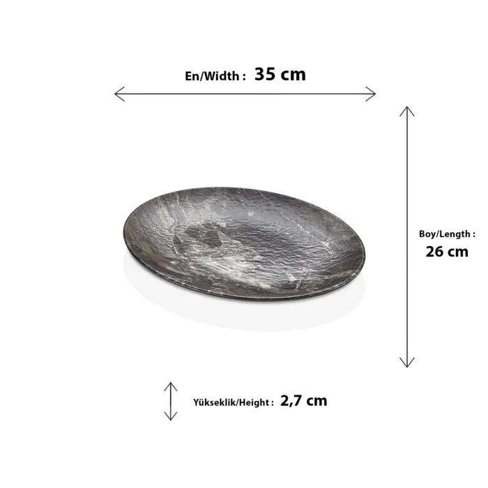 35x26 cm ölçülerinde, koyu renk mermer desenli ve doğal taş dokulu yüzeye sahip oval servis ve sunum tabağı.