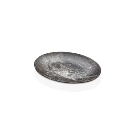 35x26 cm ölçülerinde, koyu renk mermer desenli ve doğal taş dokulu yüzeye sahip oval servis ve sunum tabağı.