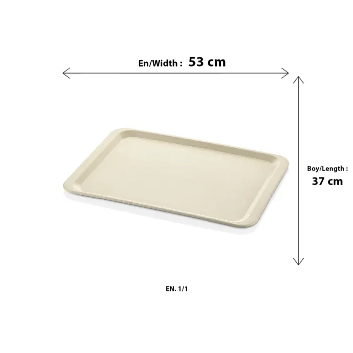 53x37 cm ölçülerinde, Gastronorm 1/1 boyutunda, krem renkli hafif dokulu dikdörtgen self servis ve sunum tepsisi.